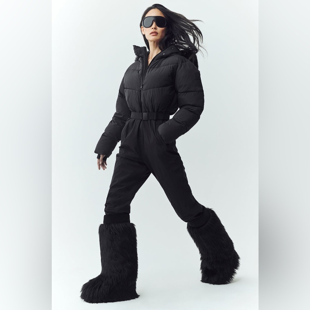 ALO Yoga Black Hooded Fur Trim Jumpsuit - Picture 2 of 9
